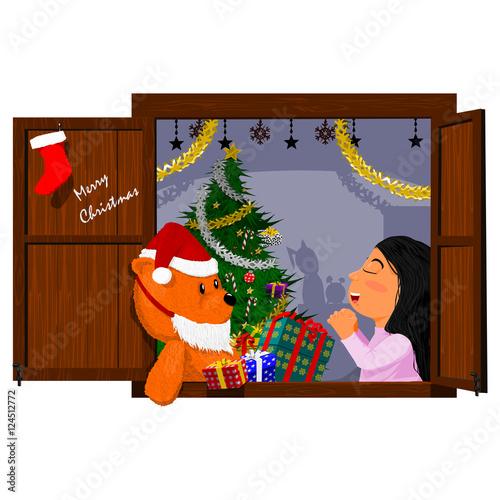 Little girl pray with her santa at the window on christmas night
