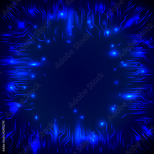 Abstract Circuit lines technology on drak blue background. chips