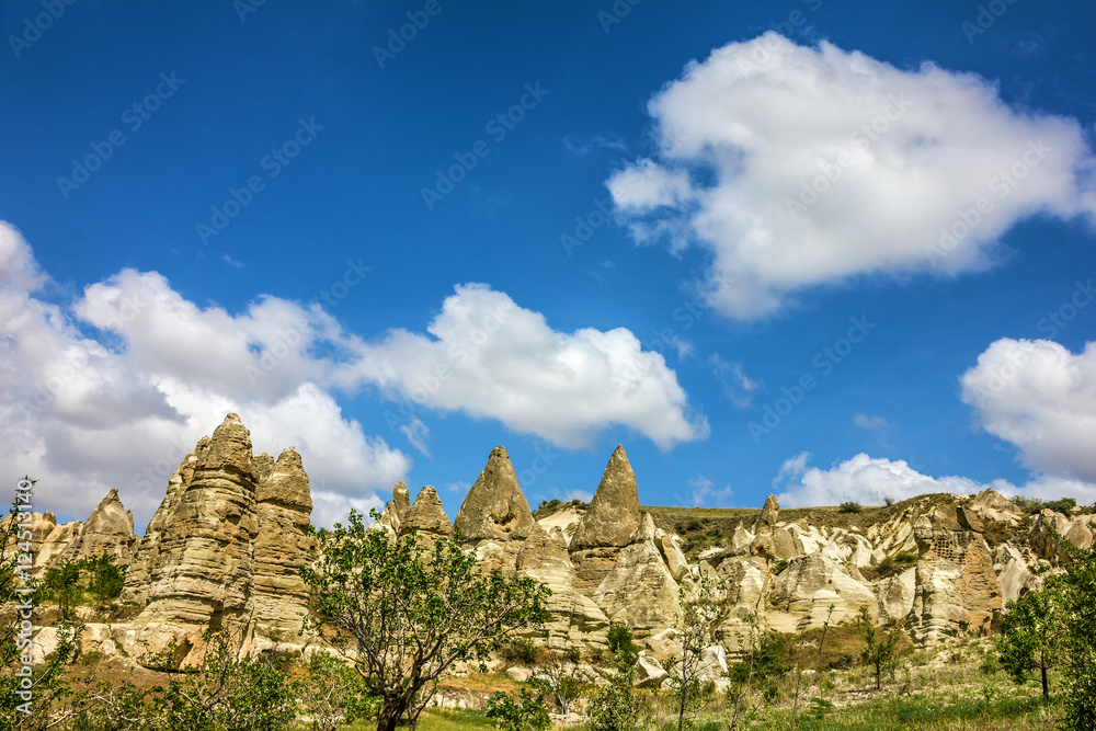 mountain landscape. Cappadocia, Anatolia, Turkey. Volcanic mountains in Goreme national park.