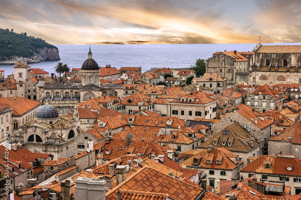 Croatia. Ancient town Dubrovnik sunset panoramic view