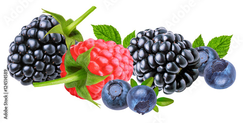  Blackberry, raspberry, blueberry and leaves isolated on whit