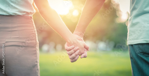 Couple holding hand in the park in the sunset