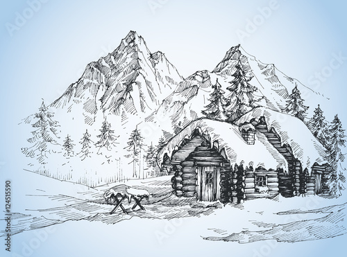 Christmas background, house in the snow landscape