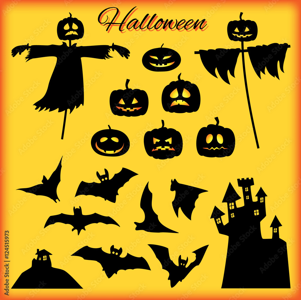 A set of Halloween elements, black on bright background