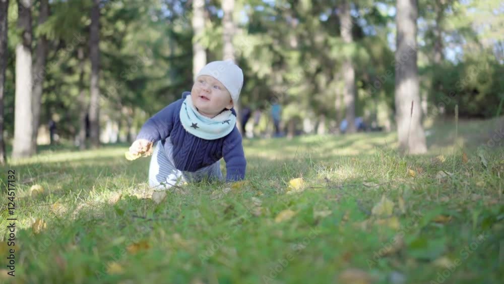 Baby crawling on the grass in the park and eats leaves. Baby crawling on the grass in the park and eats leaves.
