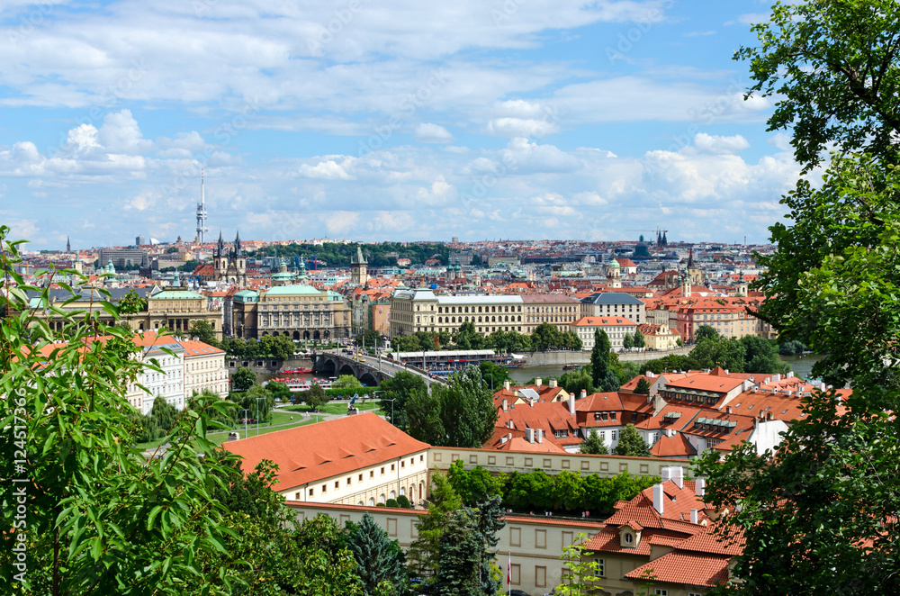 Red roofs in the city Prague. Panoramic view of Prague, Czech Re