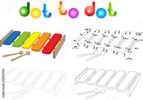 Cartoon xylophone coloring book isolated on white. Dot to dot ga