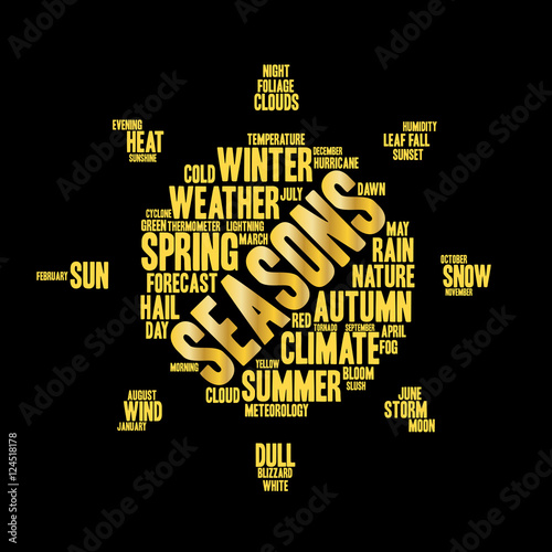 Seasons word cloud in shape of sun. Weather concept. Black background. Vector.