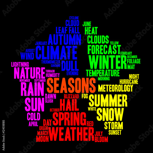 Seasons word cloud. Weather concept. Black background. Vector.