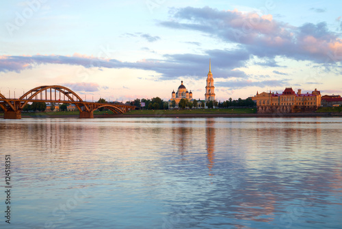 The river Volga in the  in the center of the city  of Rybinsk in July twilight. Russia