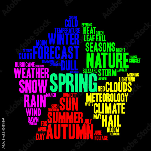 Spring word cloud in shape of pentagon. Weather concept. Black background.