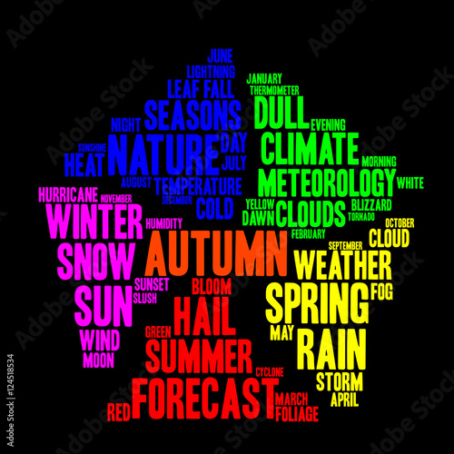 Autumn word cloud in shape of pentagon. Weather concept. Black background.