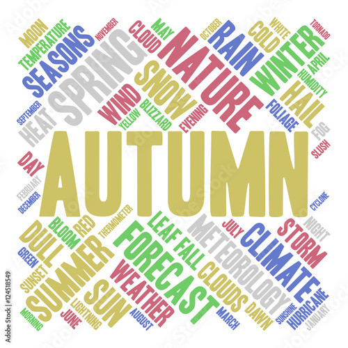 Autumn word cloud in shape of square. Weather concept. White background.