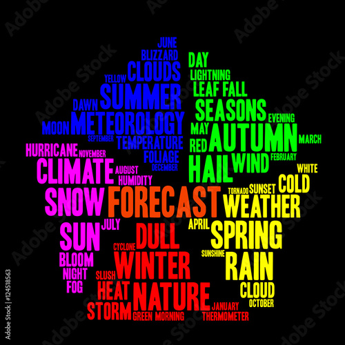 Forecast word cloud in shape of pentagon. Weather concept. Black background.