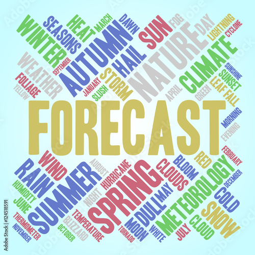 Forecast word cloud in shape of square. Weather concept. Blue background.