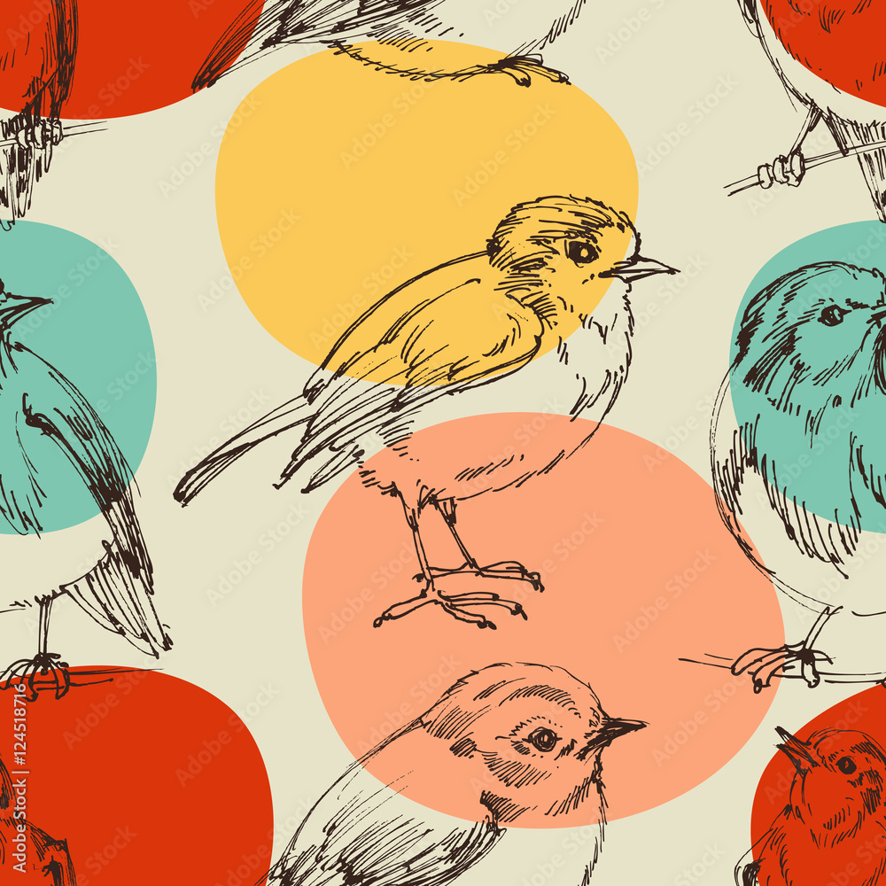 Linear birds on a background of colorful dots