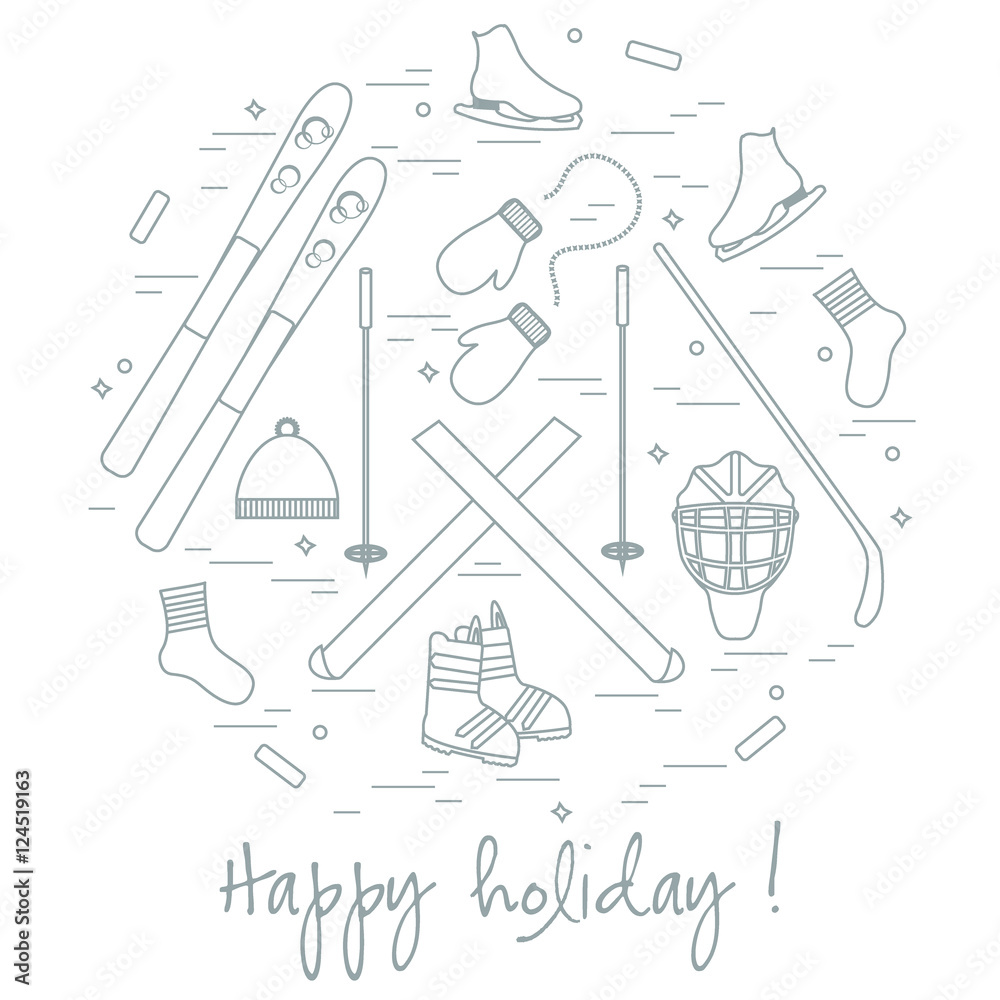 Fototapeta premium Vector illustration of different elements of sports equipment an
