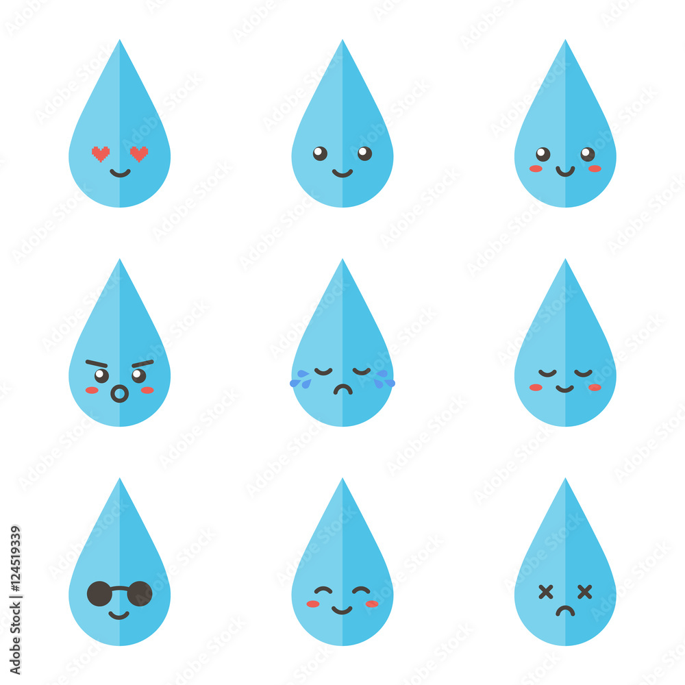 Flat design cartoon cute water drop character with different facial expressions, emotions. Set, collection of emoji isolated on white background. Flat design cartoon cute water drop character with different facial expressions, emotions. Set, collection of emoji isolated on white background.