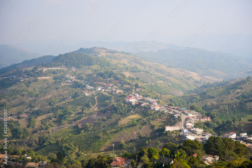 Beautiful view of Doi Mae salong mountain with hill tribe village in Chiang rai Province, Thailand Beautiful view of Doi Mae salong mountain with hill tribe village in Chiang rai Province, Thailand