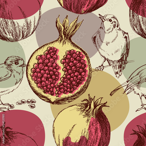 Pomegranate pattern. Cute seamless pattern pomegranates and bird