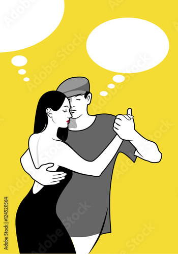 Young couple dancing tango. Thinking balloons. Comic style.