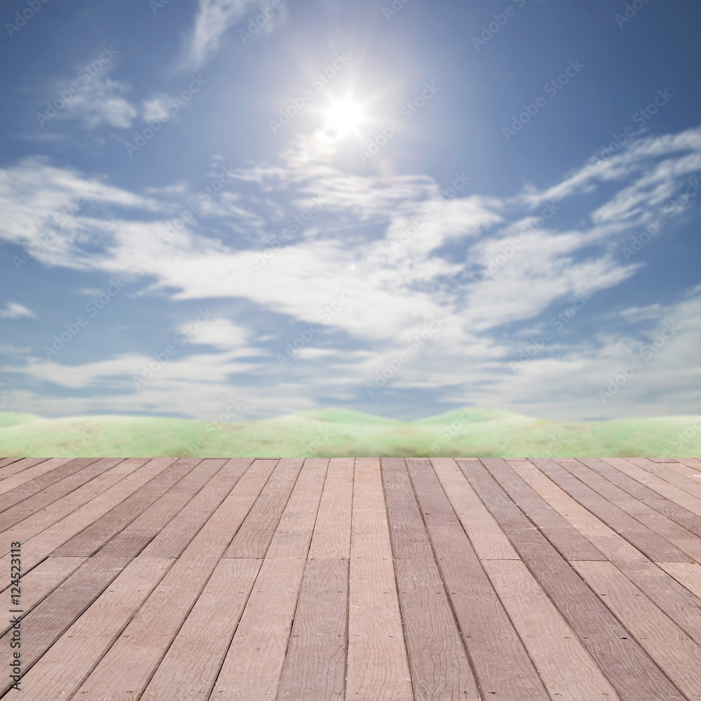 perspective wood plank floor on sky background for design, back perspective wood plank floor on sky background for design, back