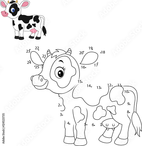 Connect the number to draw the animal educational game for children, Cute little cow