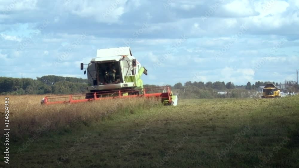 Farmland. Haymaking Time. Combine Goning on the Field, Cutting, Grass. Working Machine Going Behind. Clouds Moving, Giving Shade. Summer. Wide Shot Farmland. Haymaking Time. Combine Goning on the Field, Cutting, Grass. Working Machine Going Behind. Clouds Moving, Giving Shade. Summer. Wide Shot