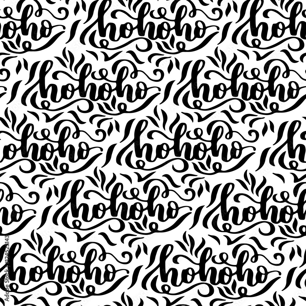 Vector seamless pattern with hohoho calligraphy on white isolated background. Christmas wrapping and textile design.