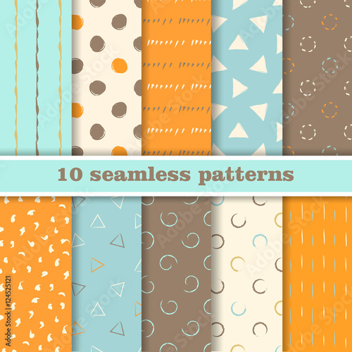 Set of hand Drawn vector seamless pattern. Geometrical concept. Orange, braun, beige and turquoise colors.
