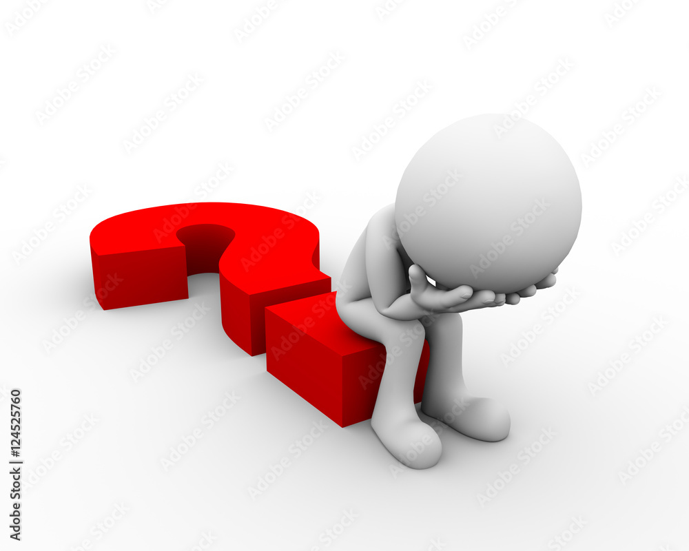 3d sad man sitting on question mark 3d sad man sitting on question mark