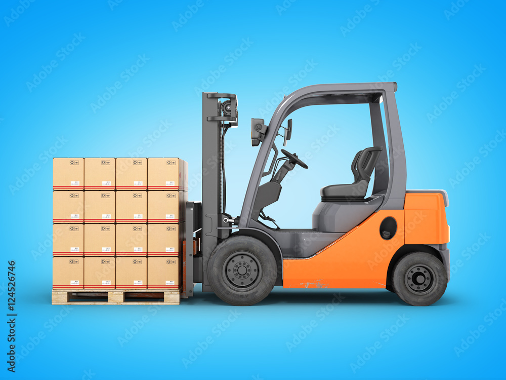 Forklift truck with boxes on pallet on blue gradient background
