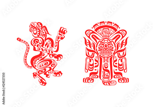 aztec mayan tattoos jaguar and warrior in red color isolated