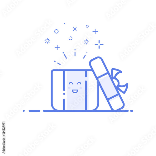 Vector illustration of icon shopping, surprise concept in line style. Linear blue gift or bounty. Design for internet, banner, web page and mobile app. Outline object e-commerce.