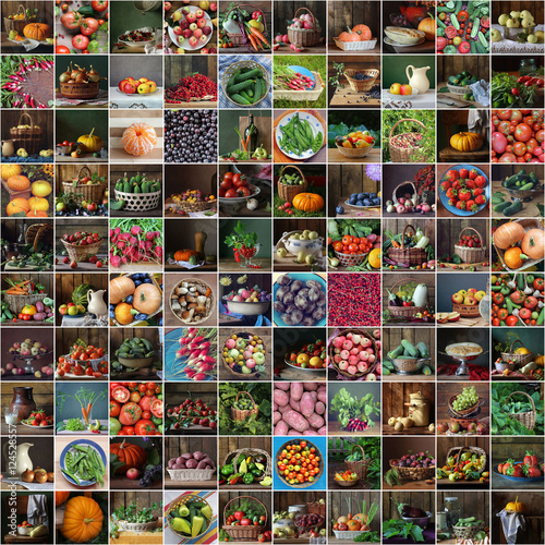 Коллаж из натюрмортов с овощами, ягодами и фруктами. 