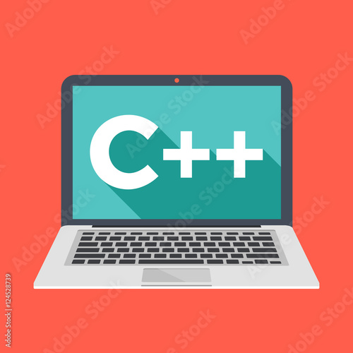 Laptop with C++ title on screen. Learn C++ programming language concept. Modern long shadow flat design vector illustration