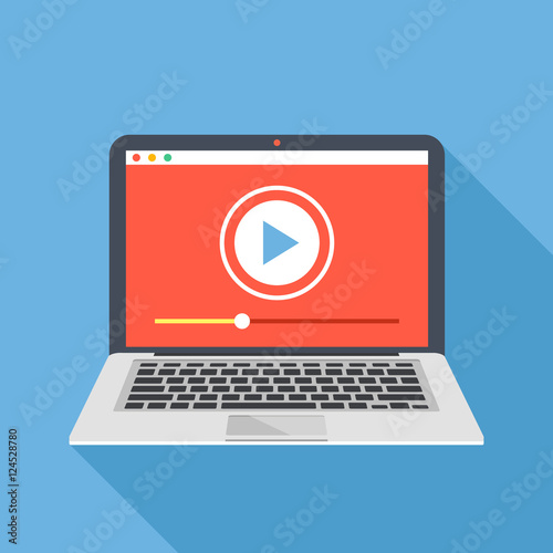 Modern laptop with video player on screen. Online video, watch movies, educational materials, web courses concepts. Long shadow flat design. Vector illustration