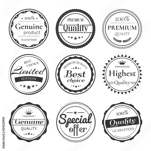 Vector set of retro badges and labels. Vintage design elements with title Genuine product, Premium quality, Best choice, Limited edition, Special offer. Isolated from a background.
