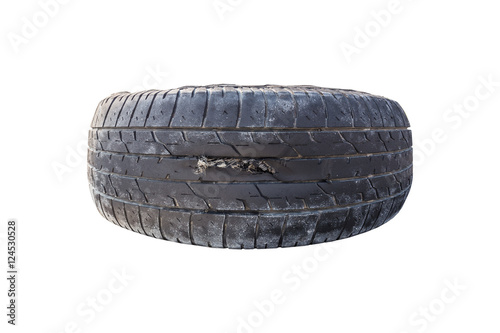 Broken tire damaged on surface which isolated on white blackgrou