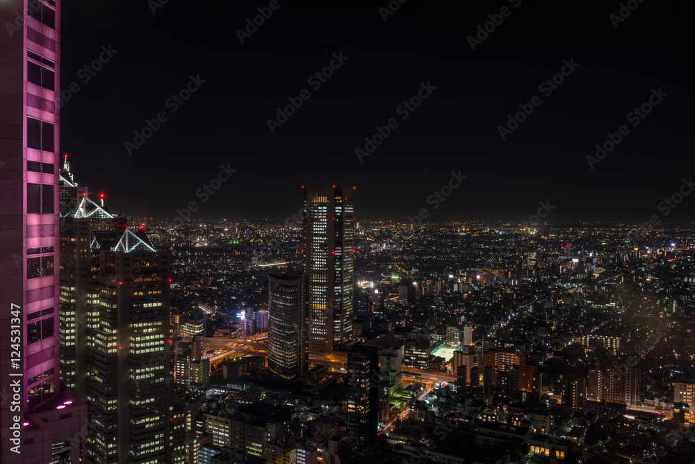 Modern skyscrapers and office buildings in Shinjuku at night