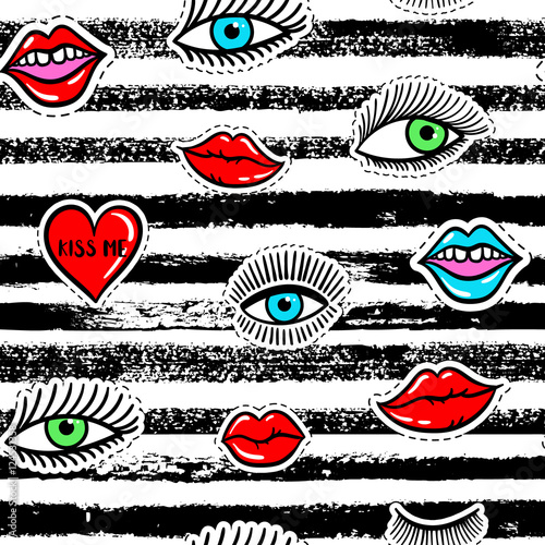 Hand drawn fashion patches eyes, red lip, heart seamless pattern. Vector beauty illustration of open and close eyes for card, clothes, background. Pop art sticker, patche, pin, badge 80s-90s style