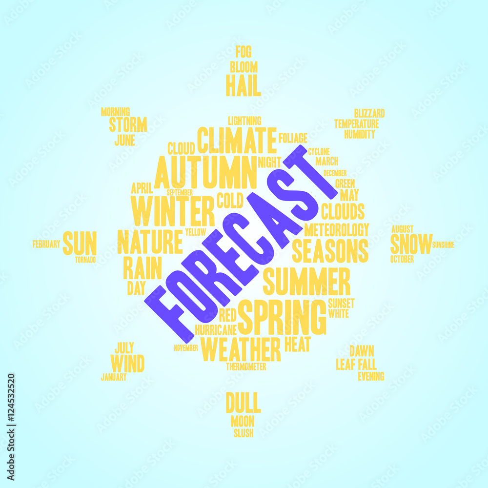 Fototapeta premium Forecast word cloud in shape of sun. Weather concept. Blue background.