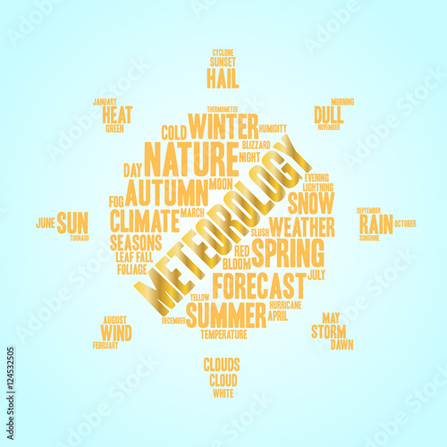 Meteorology word cloud in shape of sun. Weather concept. Blue background.
