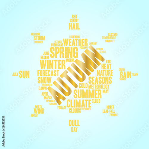 Autumn word cloud in shape of sun. Weather concept. Blue background.