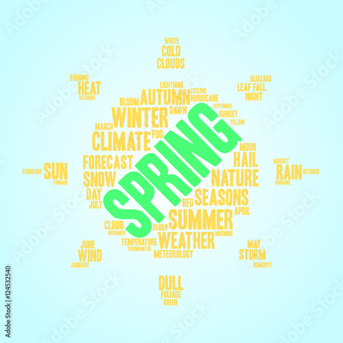 Spring word cloud in shape of sun. Weather concept. Blue background.