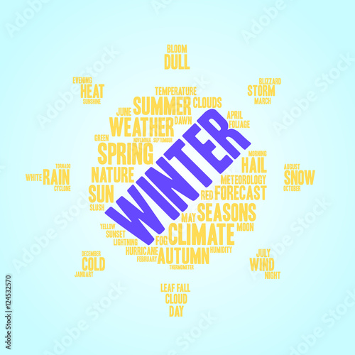 Winter word cloud in shape of sun. Weather concept. Blue background.