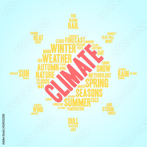 Climate word cloud in shape of sun. Weather concept. Blue background.