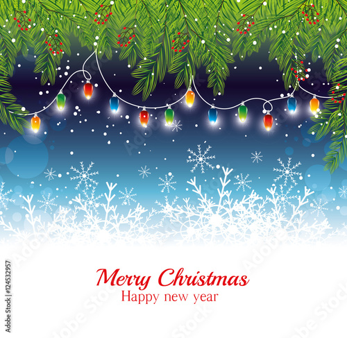 merry christmas happy new year garland lights branches snowflake vector illustration eps 10