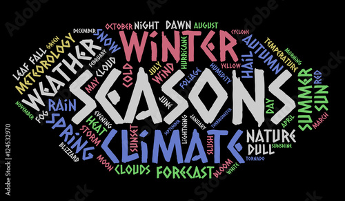 Seasons word cloud. Weather concept. Black background.