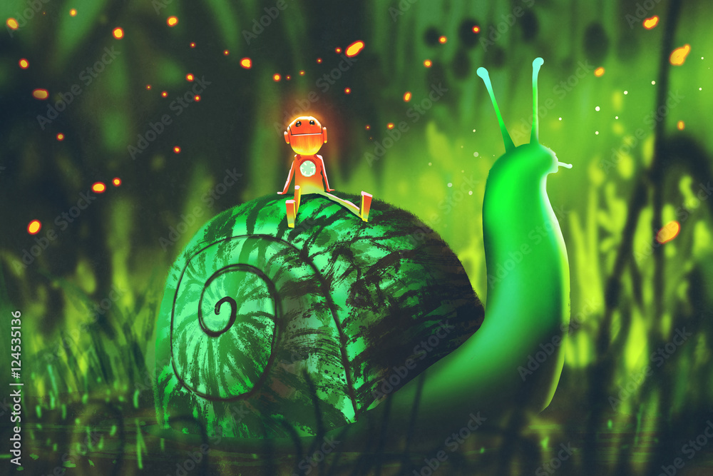 Fototapeta premium green snail with cute robot sits on its back against night forest,illustration painting